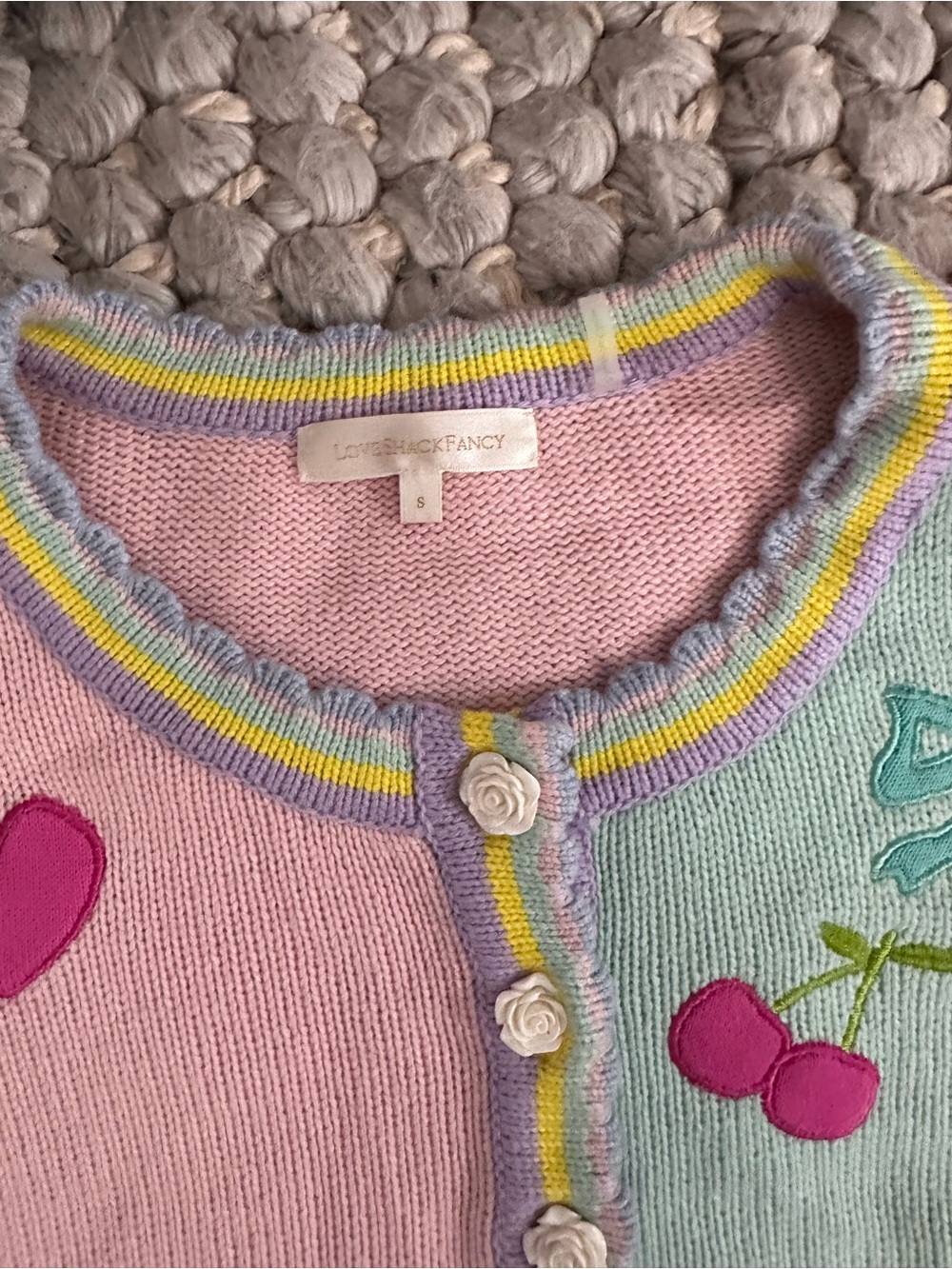 LoveShackFancy Brody Cardigan Size S Pastel Multi Heart Fruit Applique $425 - Picture 5 of 7